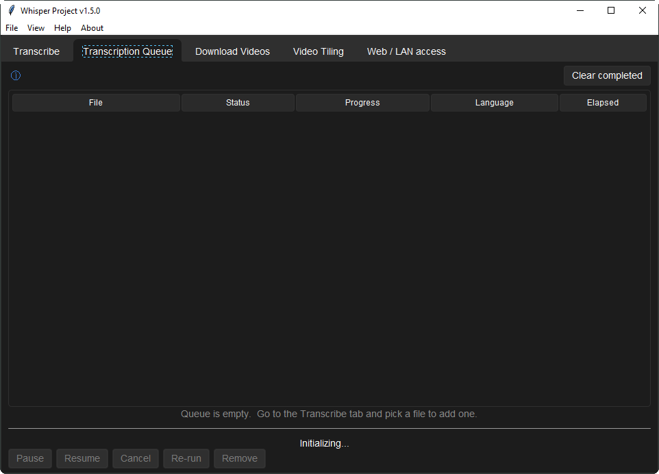 Transcription Queue tab: batch jobs with live progress, pause, resume, cancel, re-run or remove any row