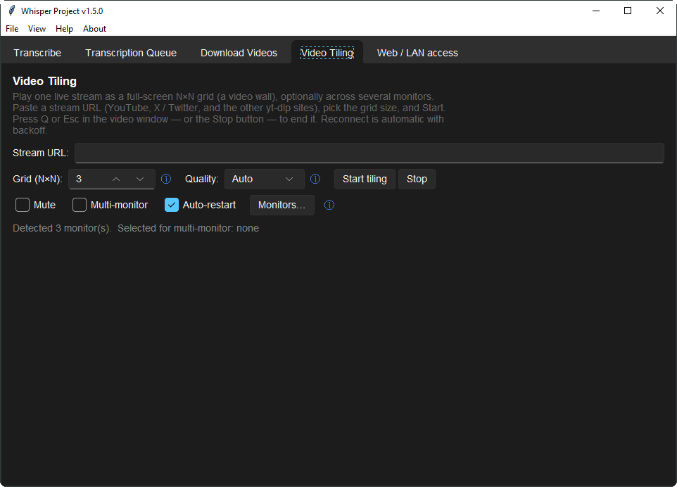 Video Tiling tab: play one live stream as a full-screen grid, optionally across several monitors