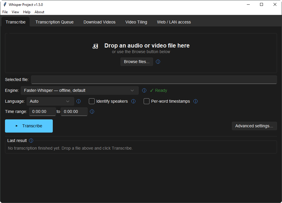 Whisper Transcriber Suite's Transcribe tab: a drop target, engine and language pickers, speaker-label and word-timestamp options