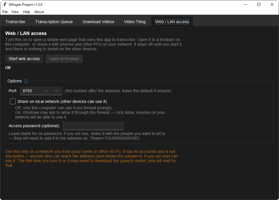 Web/LAN access tab: one button turns this machine into a transcription page for other devices on the network